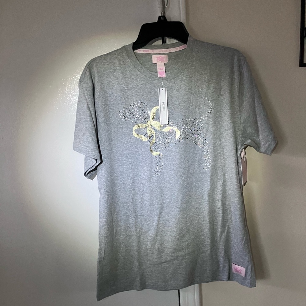 Victorias Secret PINK Love Shack Fancy bling cotton tee with Dog Logo gray XS